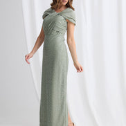 Embellished Long Dress with Cross Over Neckline and Caped Sleeve 832