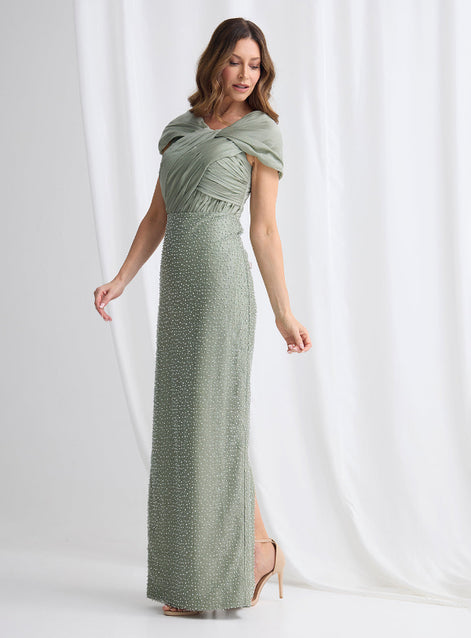 Embellished Long Dress with Cross Over Neckline and Caped Sleeve 832