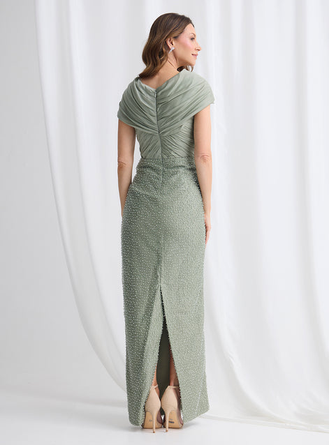 Embellished Long Dress with Cross Over Neckline and Caped Sleeve 832