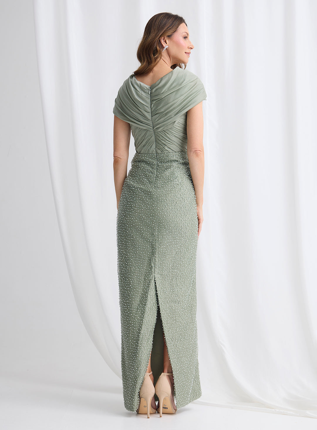 Embellished Long Dress with Cross Over Neckline and Caped Sleeve 832