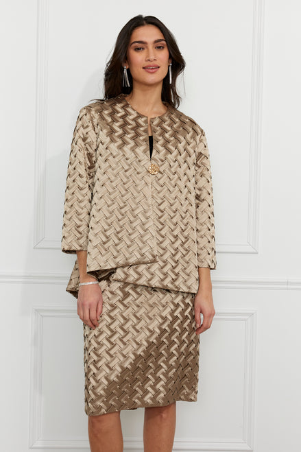 Woman wearing a patterned outfit against a white background