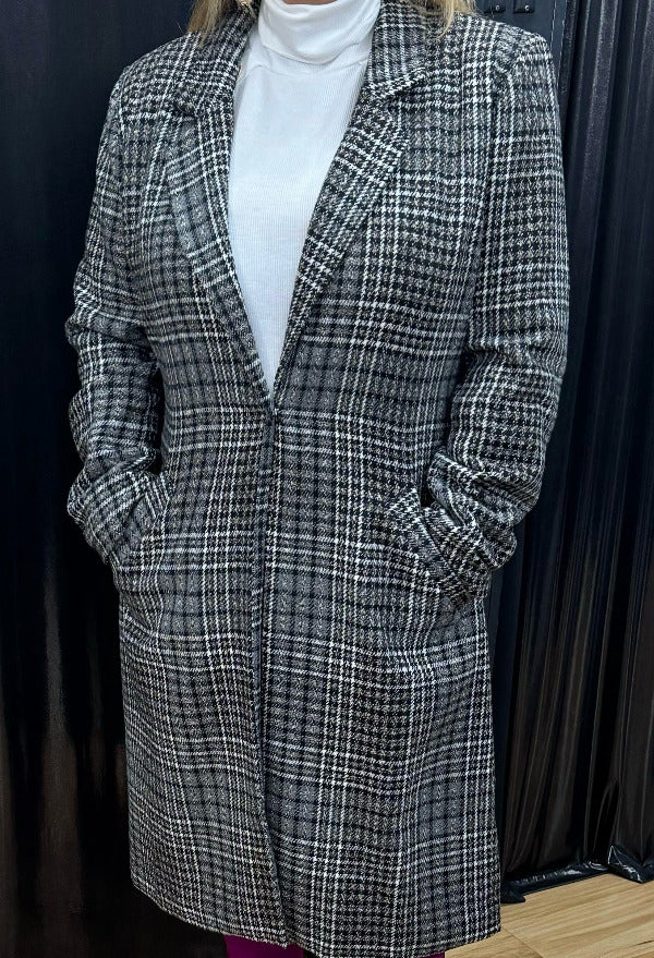 Knee Length Plaid Coat with Deep V-Neck and Pockets