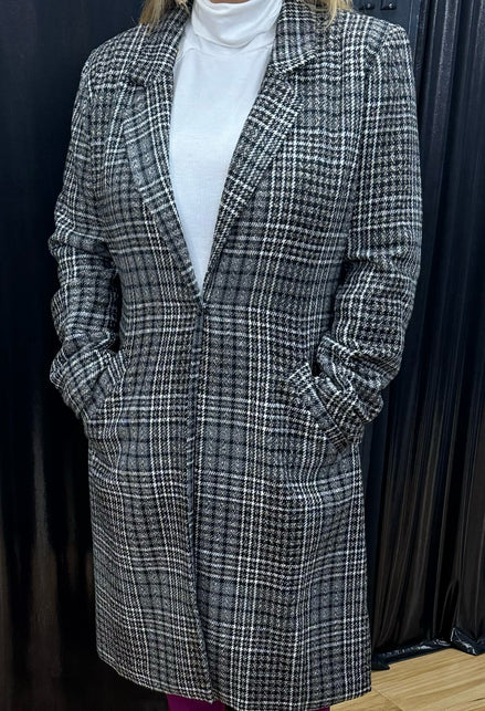 Knee Length Plaid Coat with Deep V-Neck and Pockets