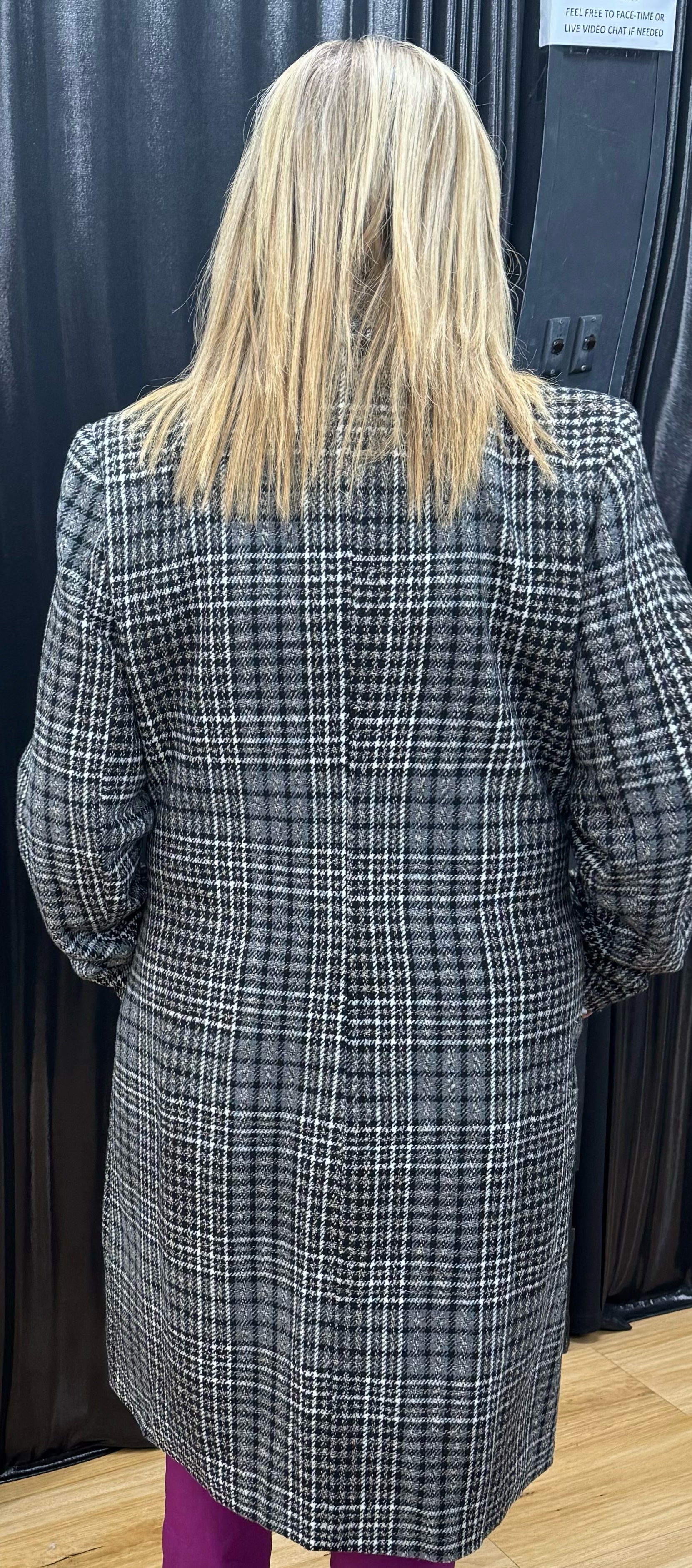 Knee Length Plaid Coat with Deep V-Neck and Pockets