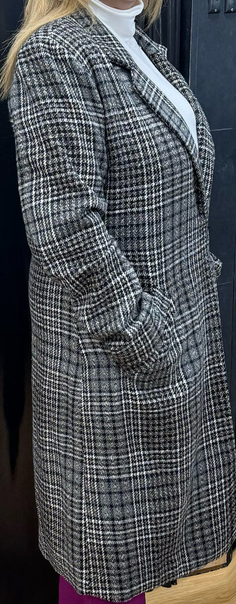 Knee Length Plaid Coat with Deep V-Neck and Pockets