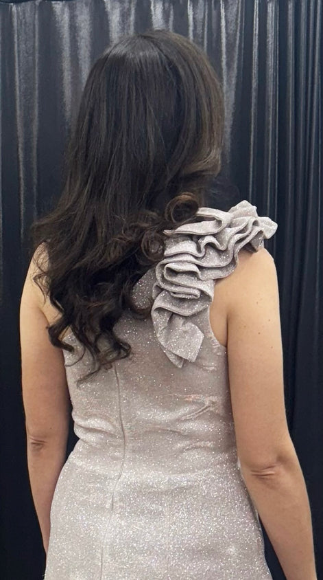 One Shoulder Long Gown with Ruffle Detail