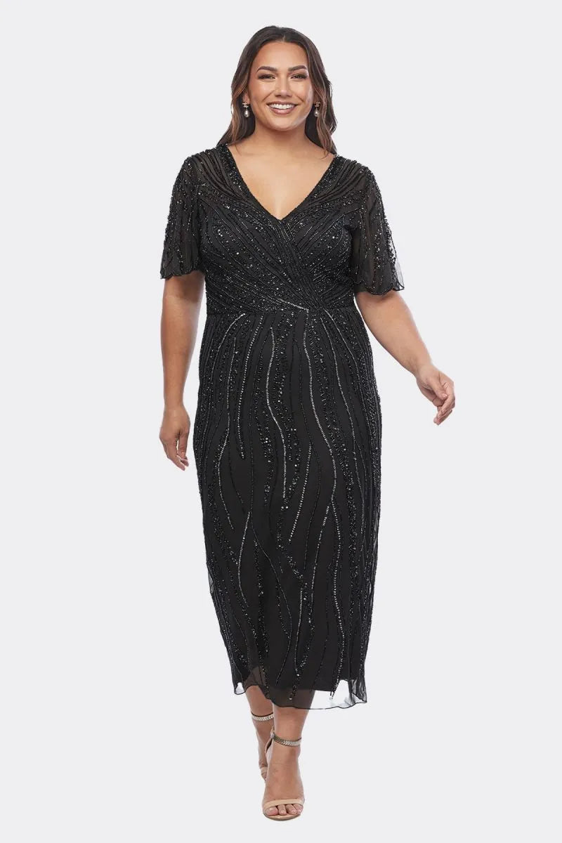 Tea Length Stretch Mesh Beaded Dress 715