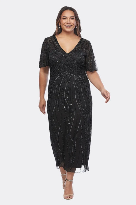 Tea Length Stretch Mesh Beaded Dress 715