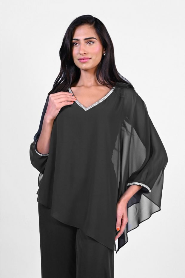 V Neck Diamonte Trim Bat Wing Top