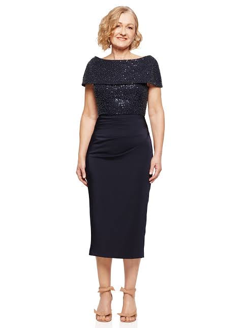 Off the Shoulder Beaded Mid-Length Dress 1586