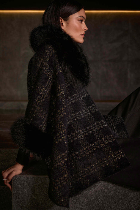 Jacquard Knit Cape with Faux Fur Accents