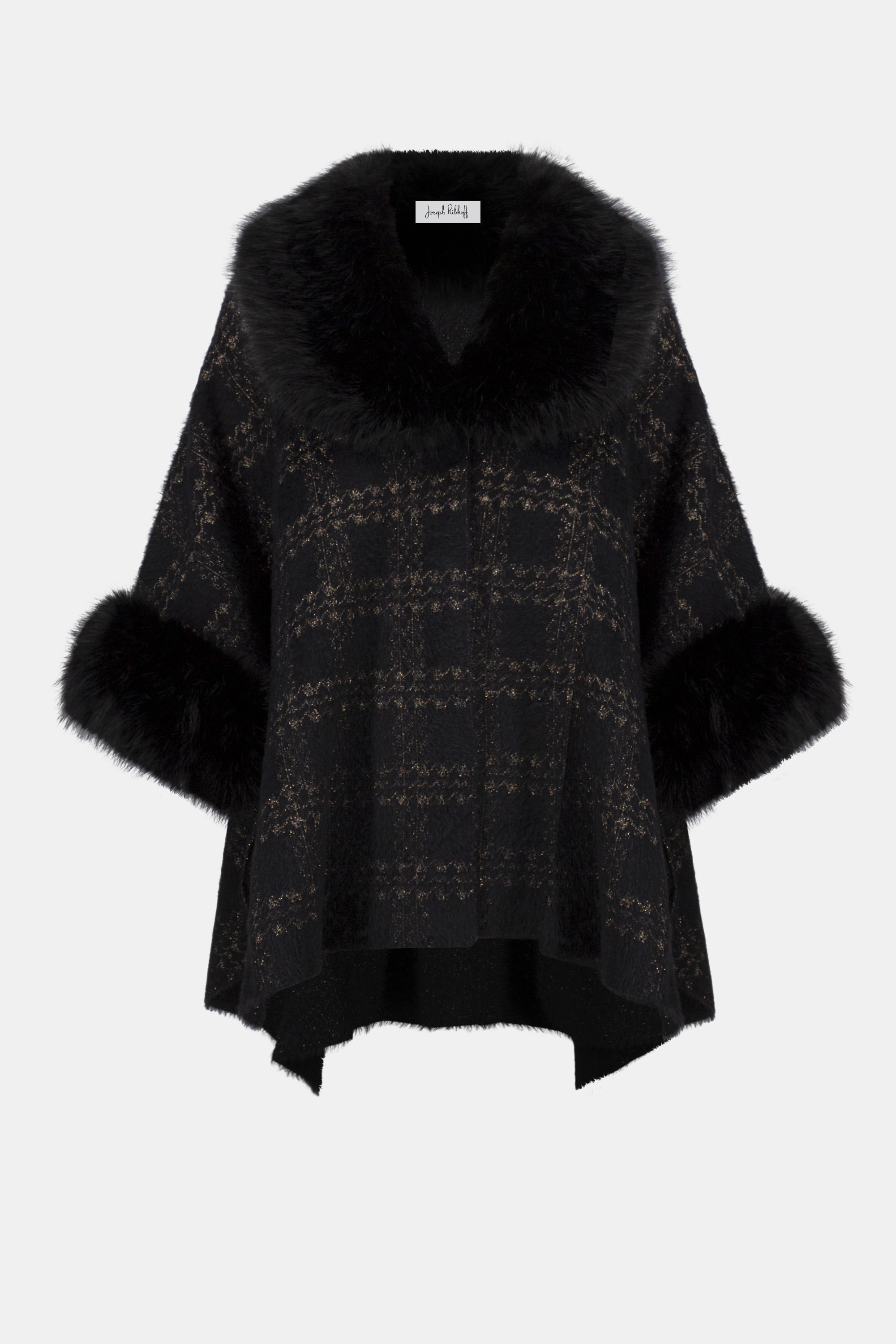 Black poncho with fur trim on a white background