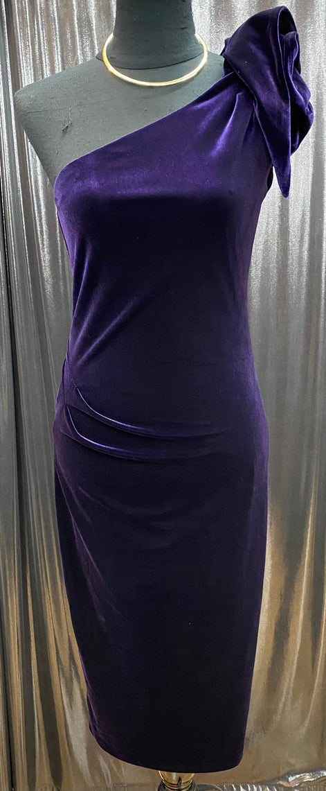 One Shoulder Velvet Dress with Ruffle Bow Detail