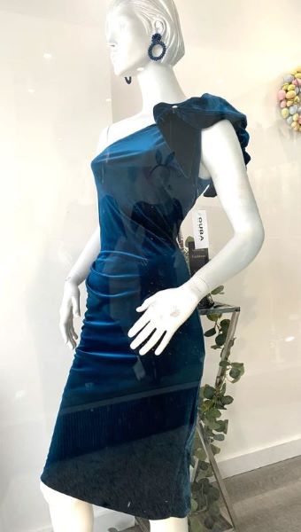 One Shoulder Velvet Dress with Ruffle Bow Detail
