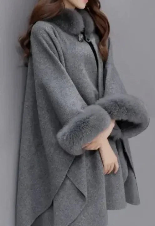 Poncho Bat Sleeve Cape with Faux Fur Trim
