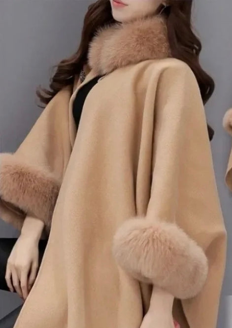 Poncho Bat Sleeve Cape with Faux Fur Trim