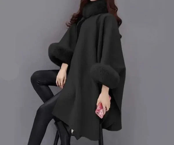 Poncho Bat Sleeve Cape with Faux Fur Trim