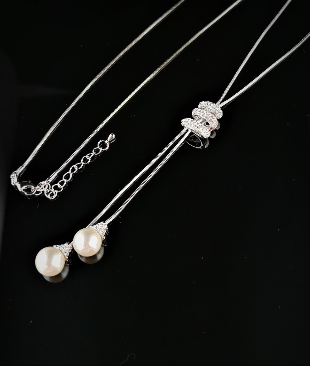 Faux Pearl Drop Necklace with statement Diamante Catch 12