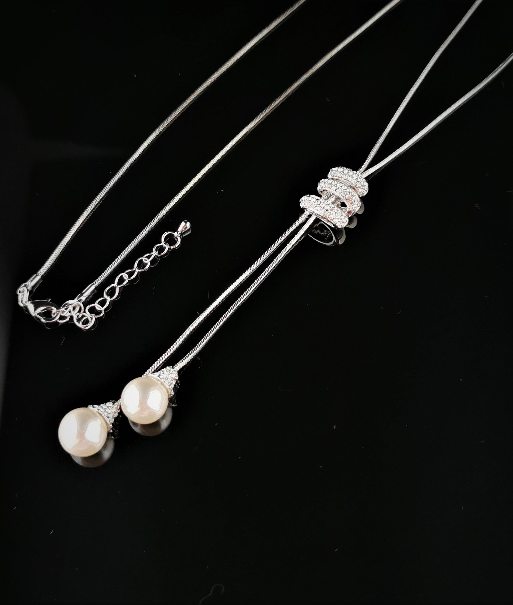 Faux Pearl Drop Necklace with statement Diamante Catch - SALE