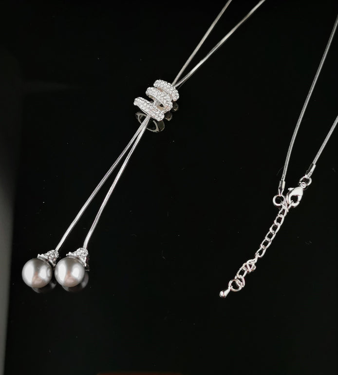 Faux Pearl Drop Necklace with statement Diamante Catch - SALE 12