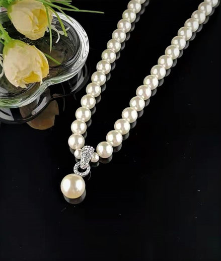 Faux Pearl Necklace with statement Diamante Pendant Clasp - SALE