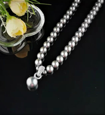Faux Pearl Necklace with statement Diamante Pendant Clasp - SALE