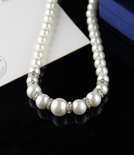 Faux Pearl Necklace with feature Diamante Spacers - SALE