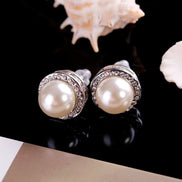 Faux Pearl Stud Earrings Framed in Diamantes 17