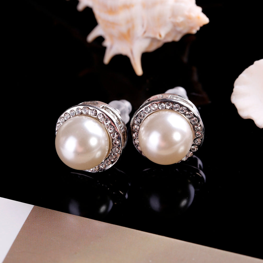 Faux Pearl Stud Earrings Framed in Diamantes 17