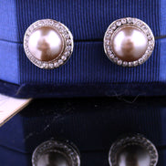 Faux Pearl Stud Earrings Framed in Diamantes 17