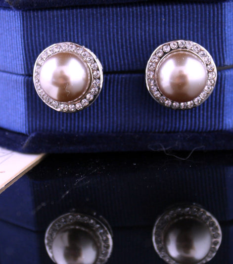 Faux Pearl Stud Earrings Framed in Diamantes - SALE