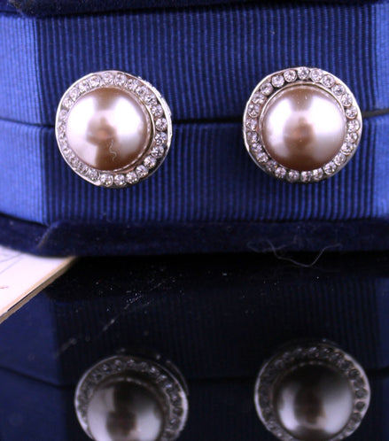 Faux Pearl Stud Earrings Framed in Diamantes - SALE