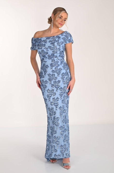 Long Off Shoulder Sequined Gown 817