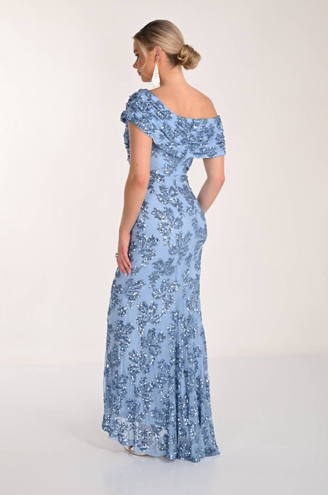 Long Off Shoulder Sequined Gown 817