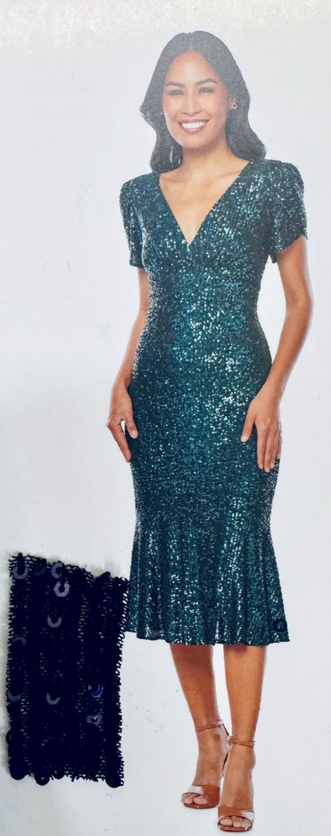 Fit & Flare Sequin V-Neck Midi Dress with Cap Sleeves