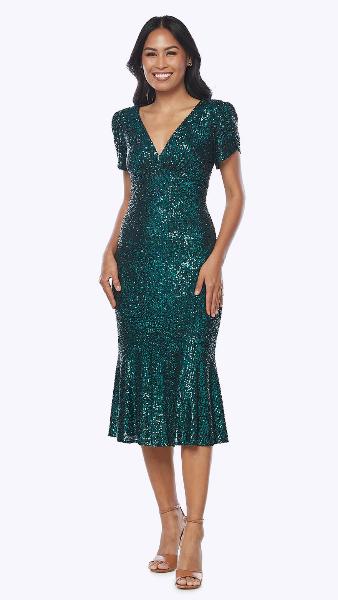 Fit & Flare Sequin V-Neck Midi Dress with Cap Sleeves