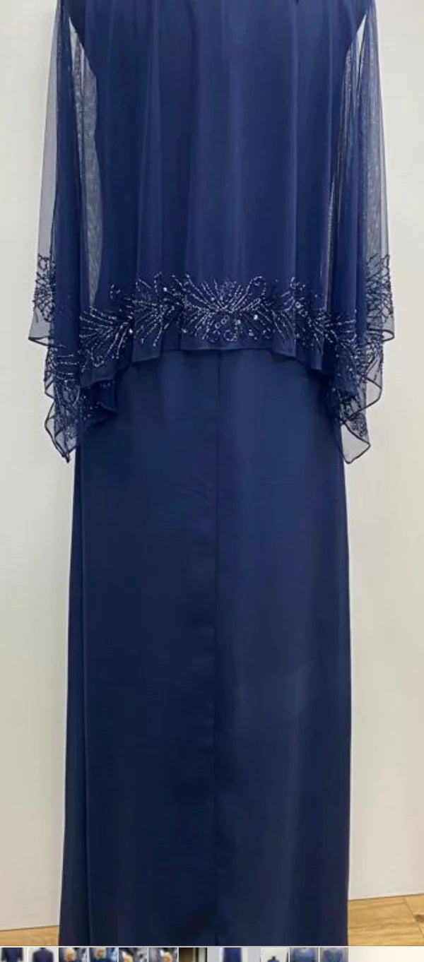 Full Length Gown with Chiffon Overlay and Beaded Trim