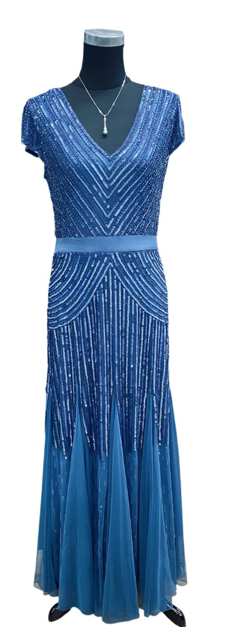 Long Cap Sleeve Beaded Dress