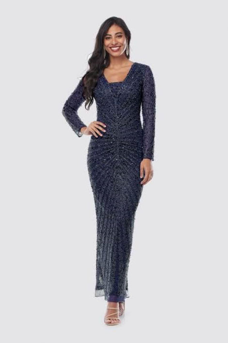 Long Beaded Gown with V-Neckline with Modesty Panel