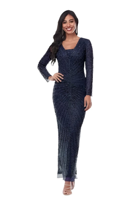 Long Beaded Gown with V-Neckline with Modesty Panel