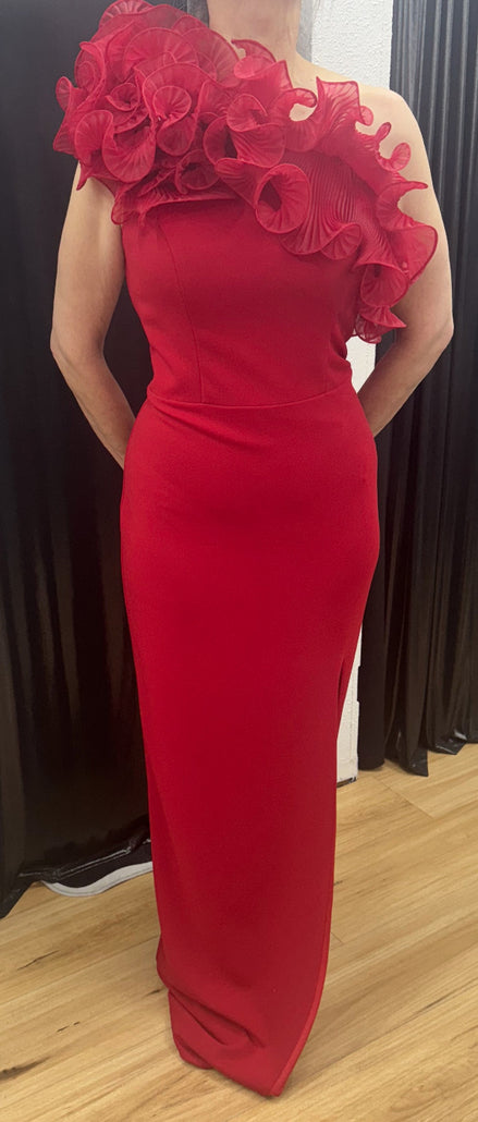 One Shoulder Long Crepe Dress with Pleated Ruffle Organza Neckline 748