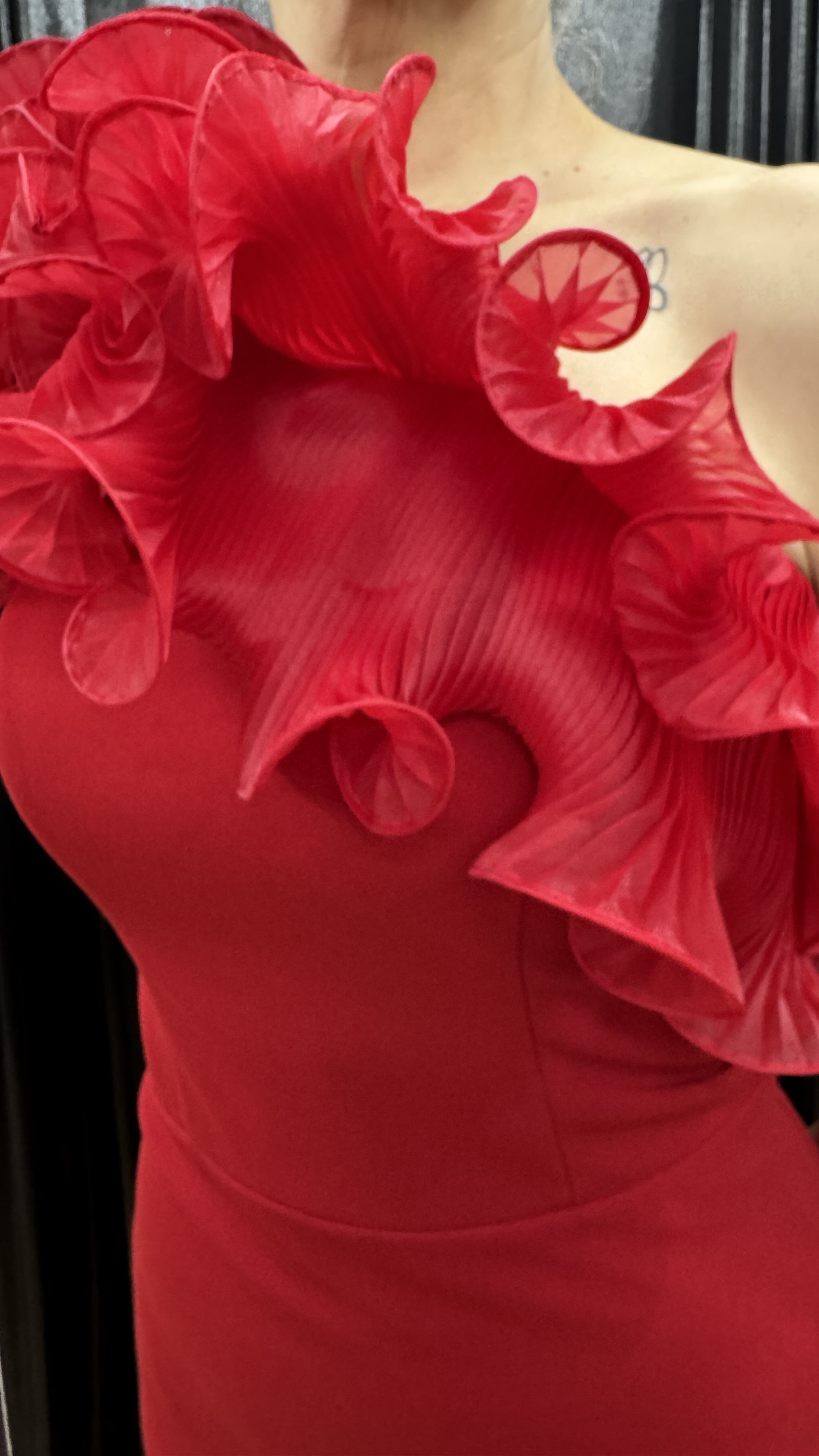 One Shoulder Long Crepe Dress with Pleated Ruffle Organza Neckline 748