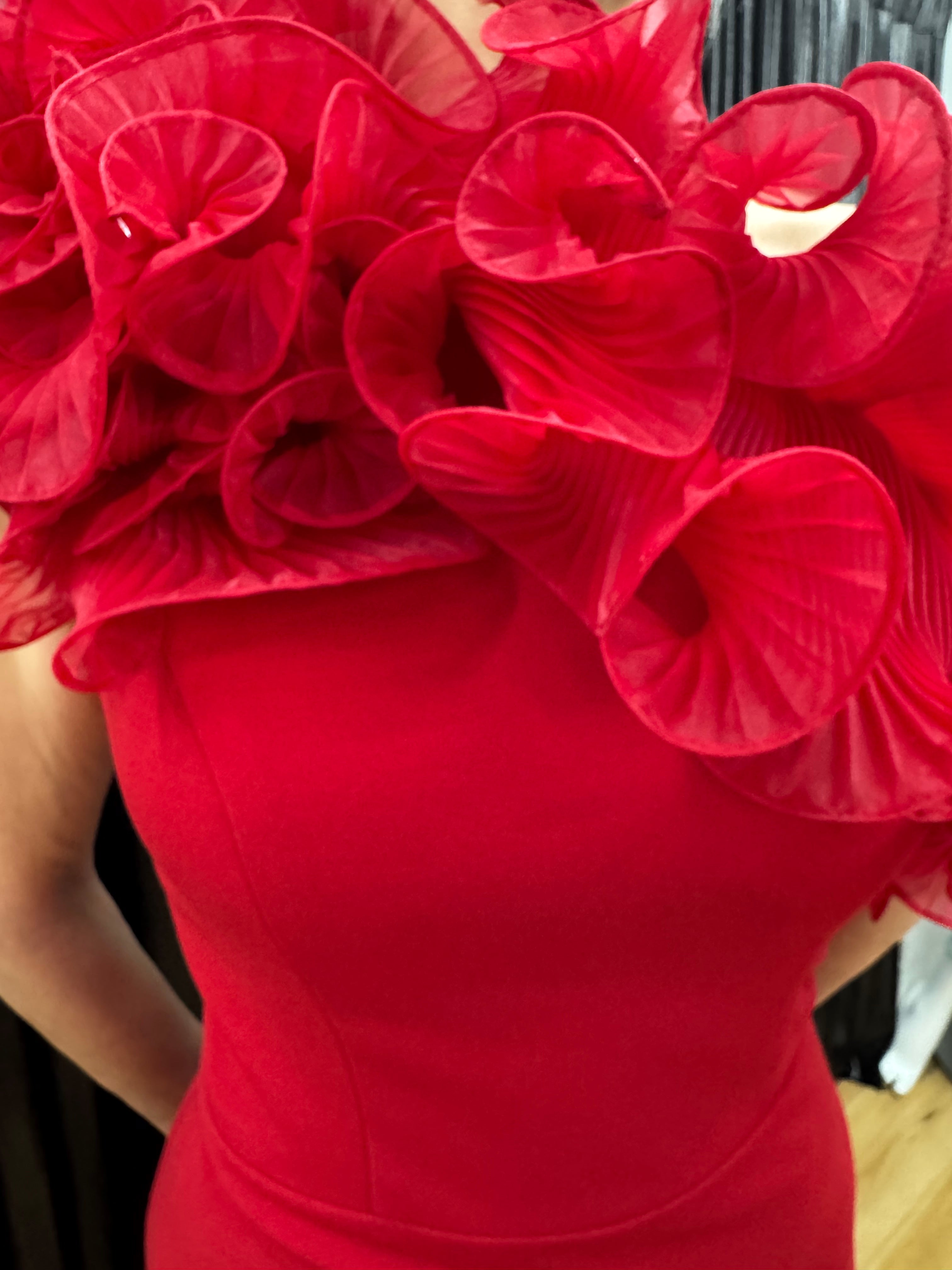 One Shoulder Long Crepe Dress with Pleated Ruffle Organza Neckline 748