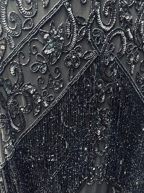 Long Beaded Gown with Fringe 420