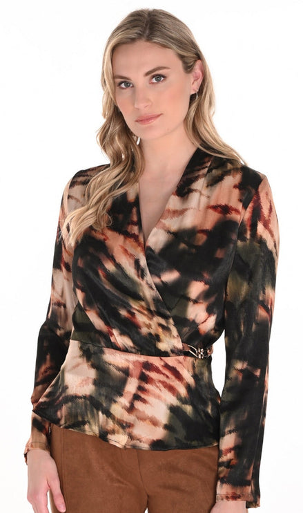 Cross Over, Peplum Style Top with Gold Buckle Detail