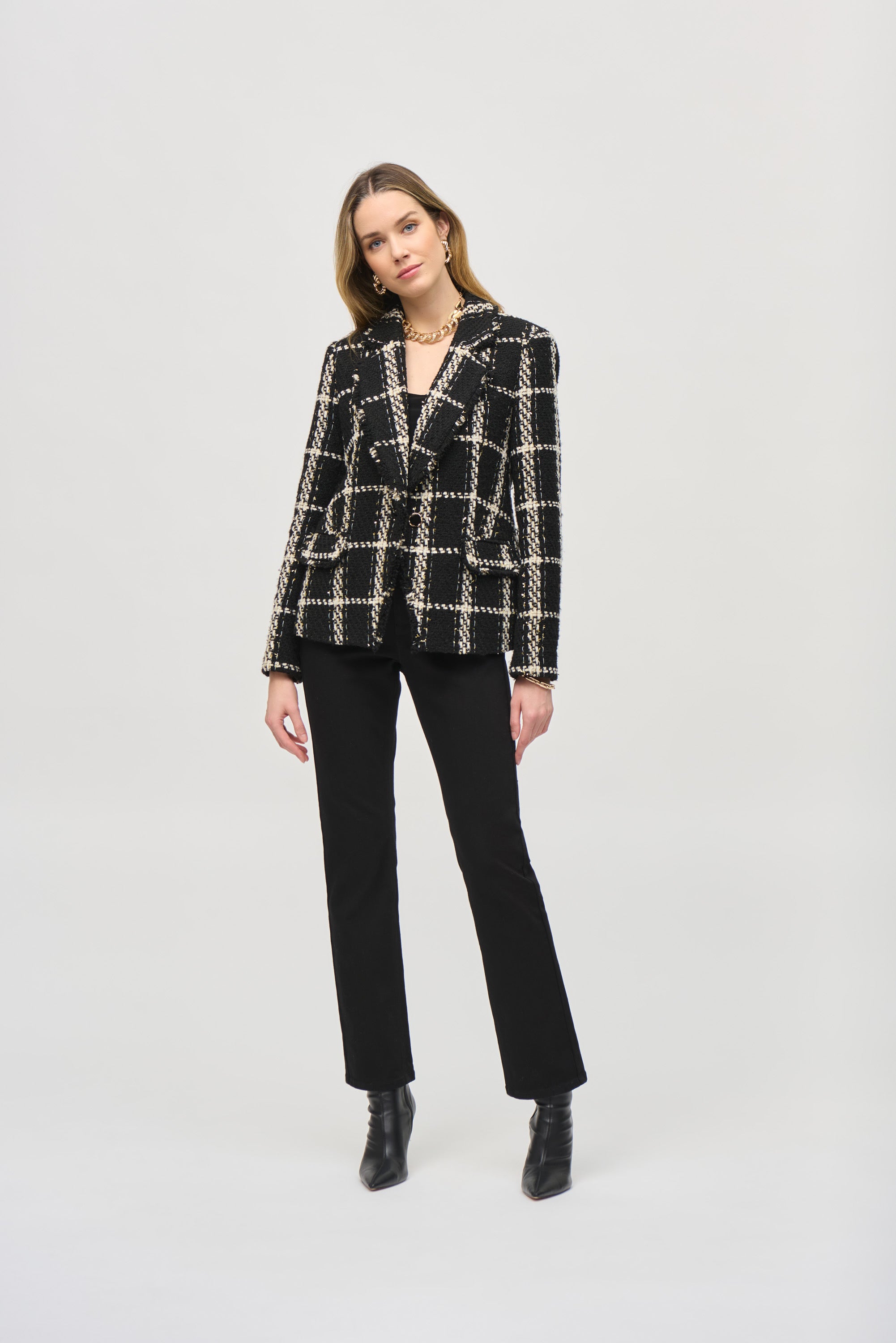 Plaid Bouclé Blazer with Pockets
