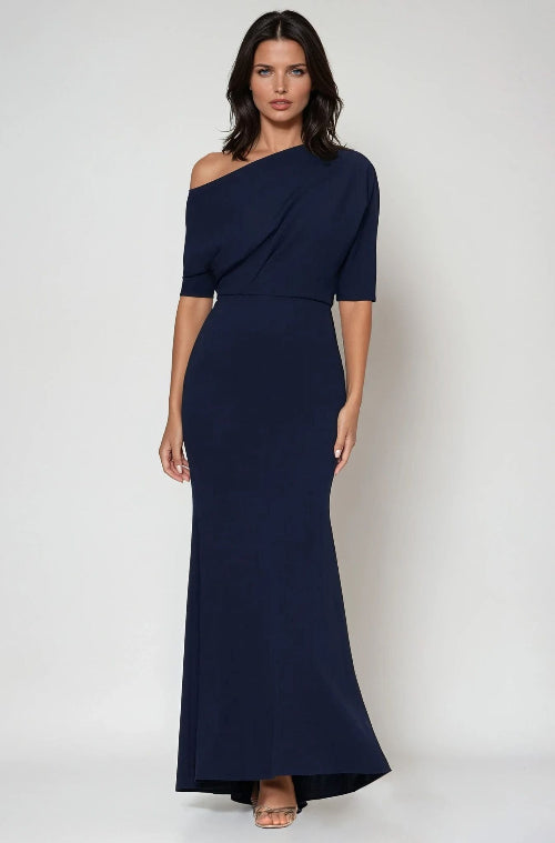 Long Side Shoulder Neckline Crepe Dress 629