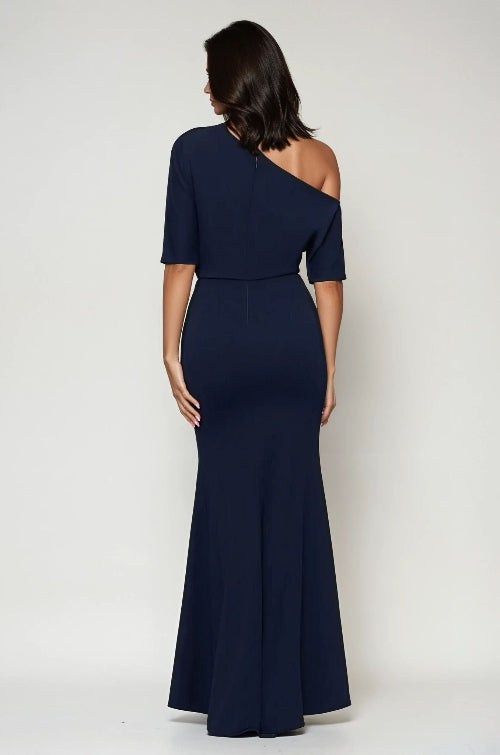 Long Side Shoulder Neckline Crepe Dress 629