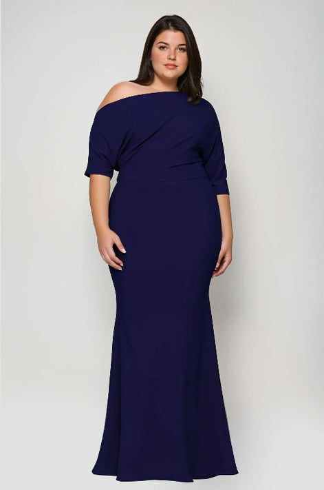 Long Side Shoulder Neckline Crepe Dress