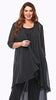 A long chiffon jacket with 3/4 sleeves worn over a black dress, in black color.